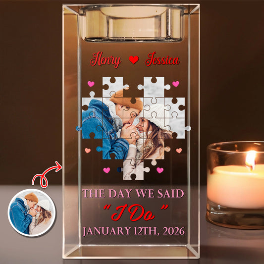 Personalized crystal candle holder, engraved with "The Day I Found My Missing Piece."