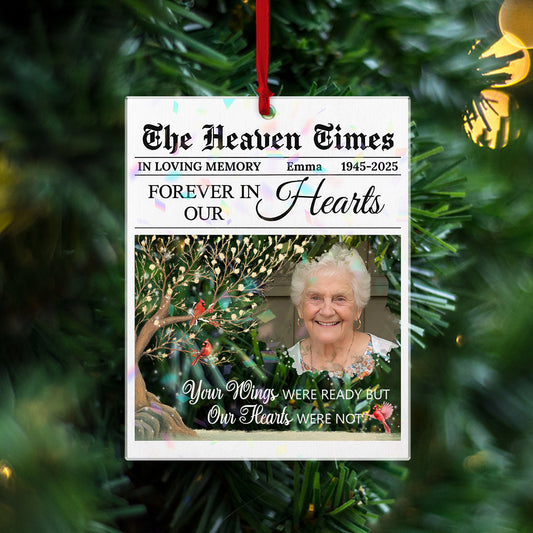 The Heaven Times custom shape hologram ornament showing a memorial design.