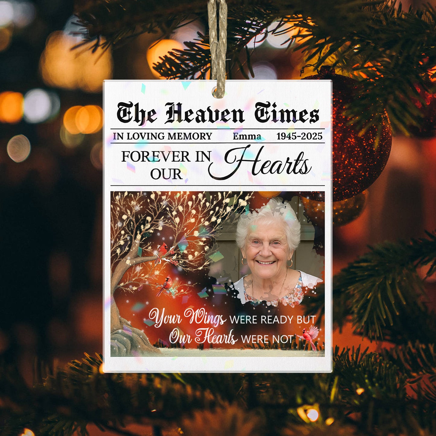 The Heaven Times custom shape hologram ornament showing a memorial design.