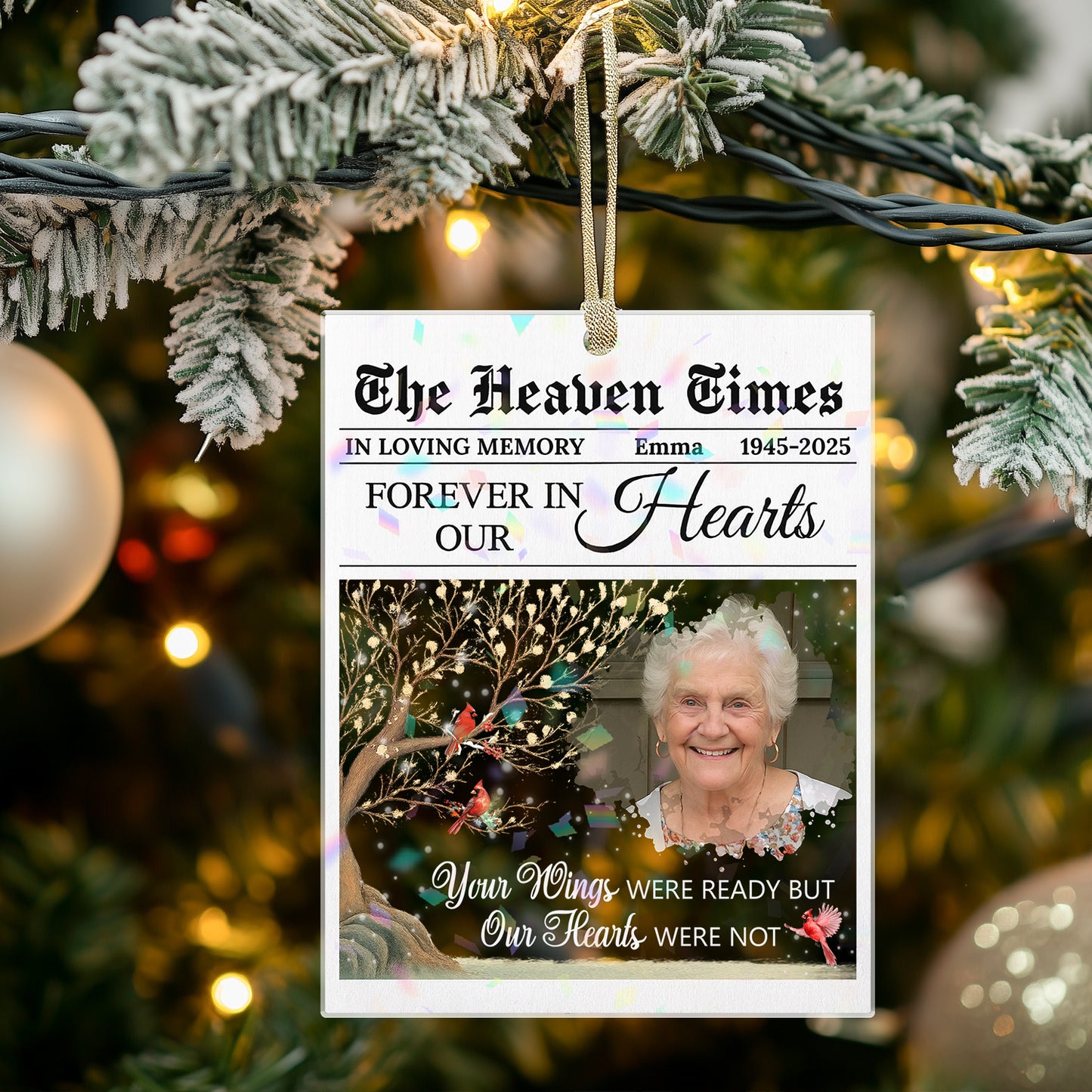 The Heaven Times custom shape hologram ornament showing a memorial design.