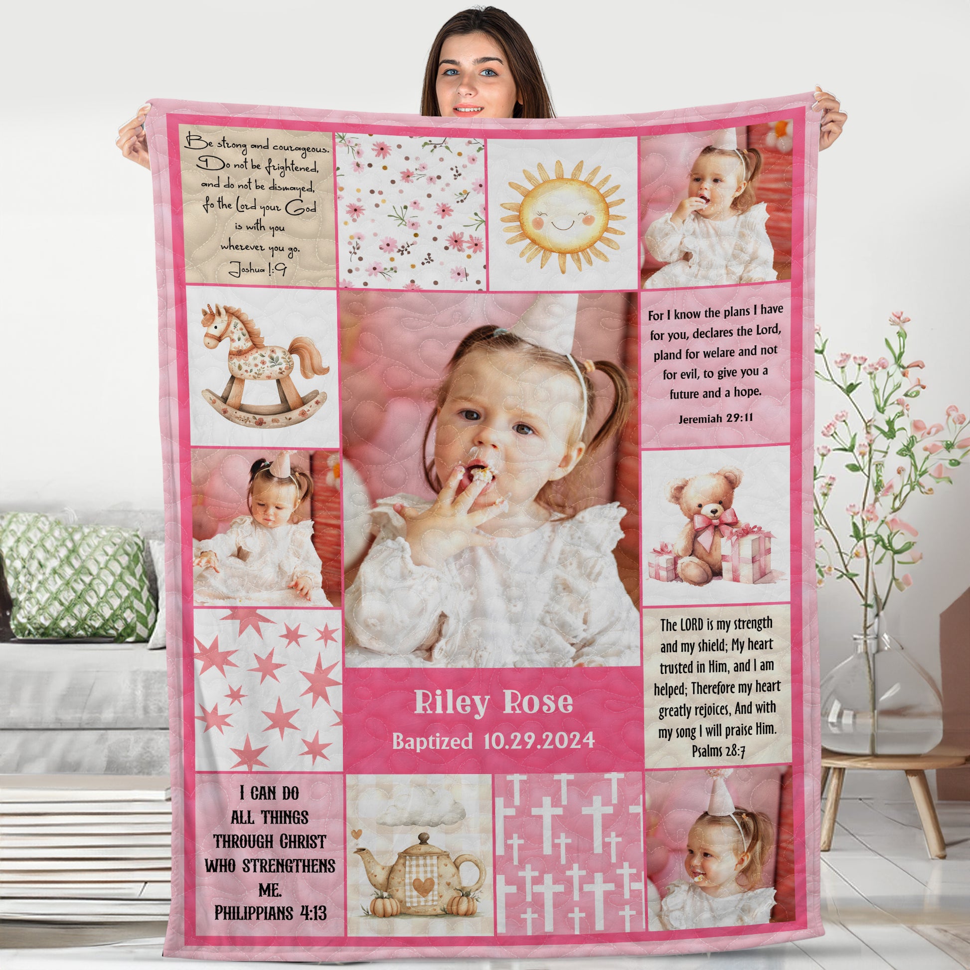 The Lord is My Strength personalized custom blanket with floral design.