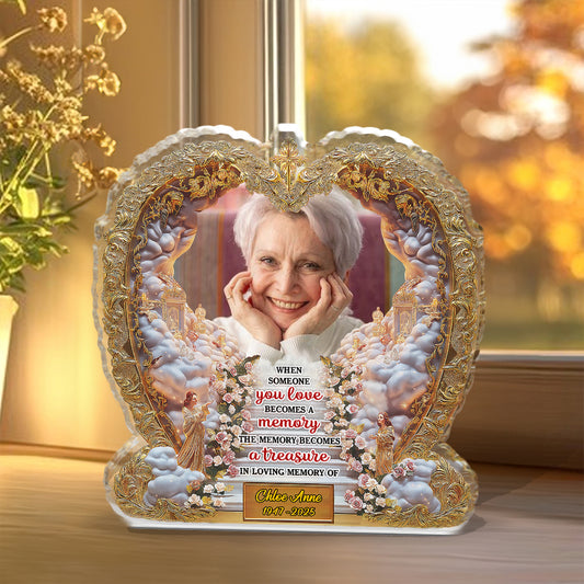 Personalized memorial acrylic block plaque with custom photo and "The Memory Becomes a Treasure" quote.