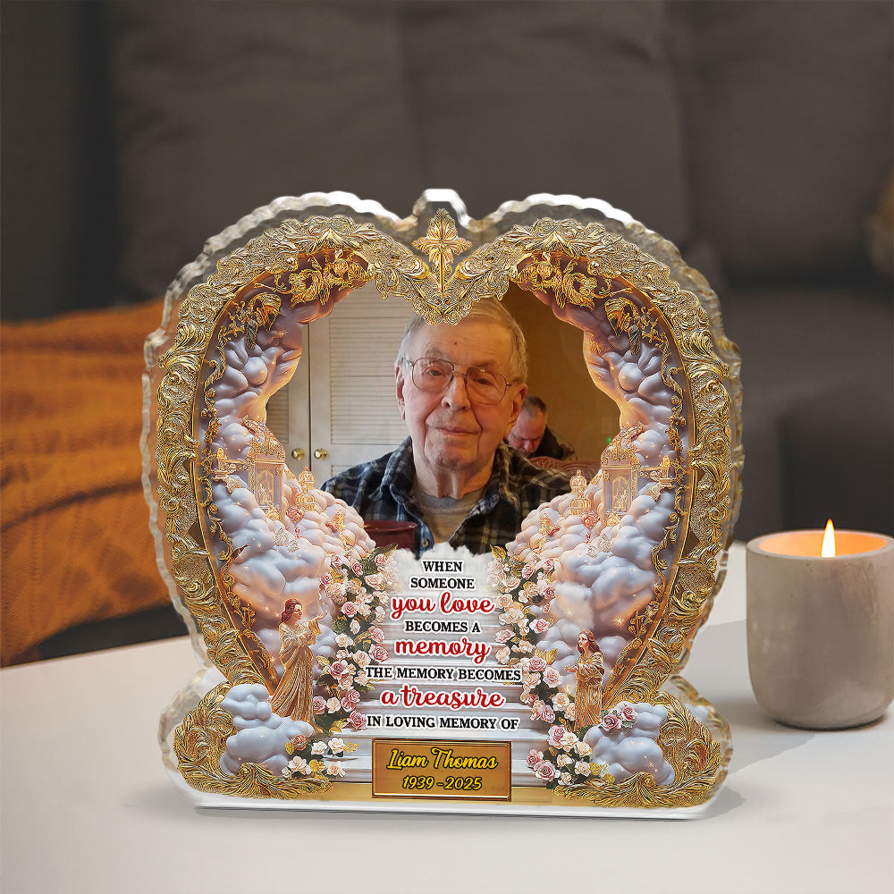 Personalized memorial acrylic block plaque with custom photo and "The Memory Becomes a Treasure" quote.