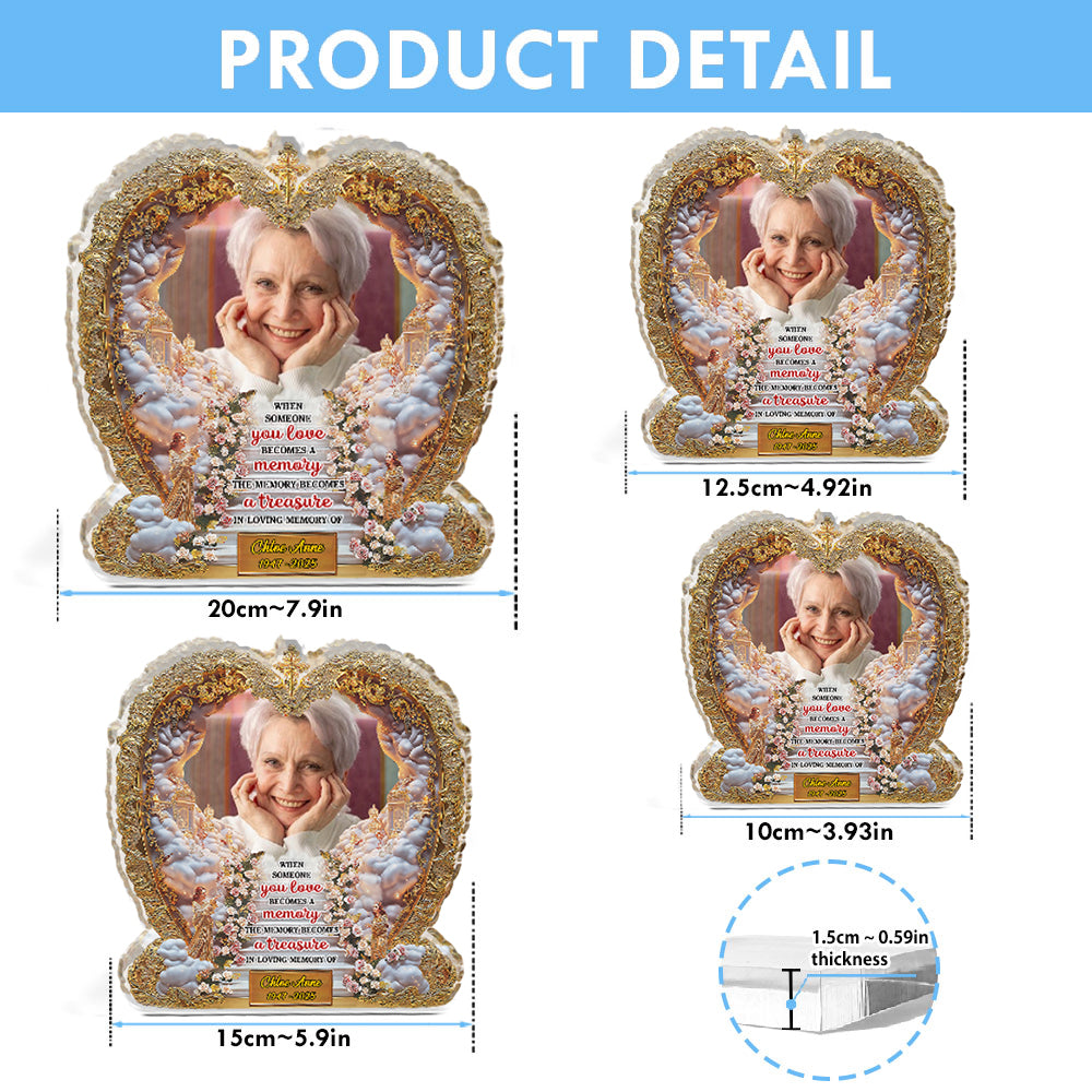 Personalized memorial acrylic block plaque with custom photo and "The Memory Becomes a Treasure" quote.