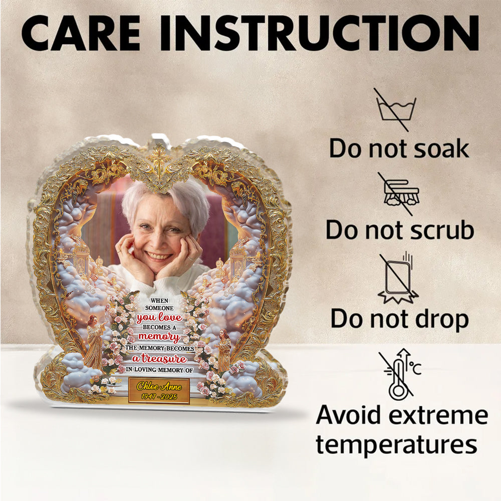 Personalized memorial acrylic block plaque with custom photo and "The Memory Becomes a Treasure" quote.