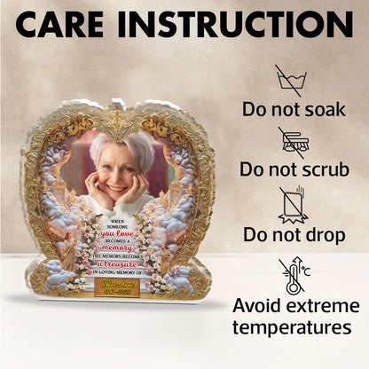 Personalized memorial acrylic block plaque with custom photo and "The Memory Becomes a Treasure" quote.