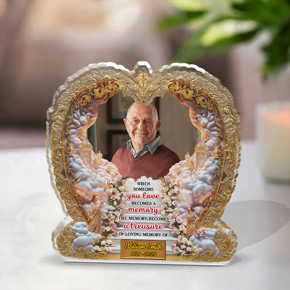 Personalized memorial acrylic block plaque with custom photo and "The Memory Becomes a Treasure" quote.