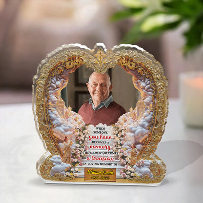 Personalized memorial acrylic block plaque with custom photo and "The Memory Becomes a Treasure" quote.