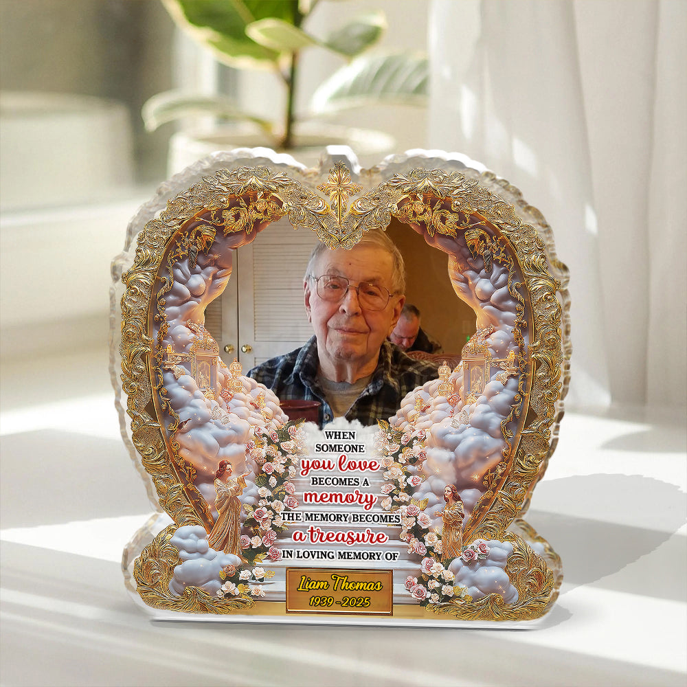Personalized memorial acrylic block plaque with custom photo and "The Memory Becomes a Treasure" quote.