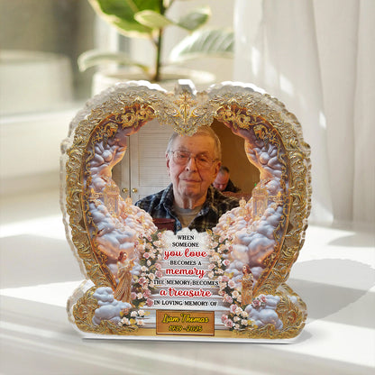 Personalized memorial acrylic block plaque with custom photo and "The Memory Becomes a Treasure" quote.