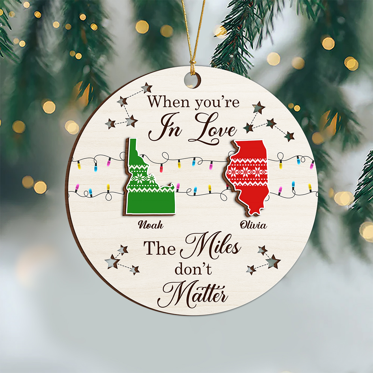 The Miles Don't Matter custom shaped wood Christmas ornament.