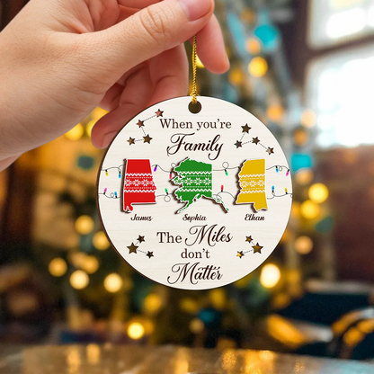 The Miles Don't Matter custom shaped wood Christmas ornament.
