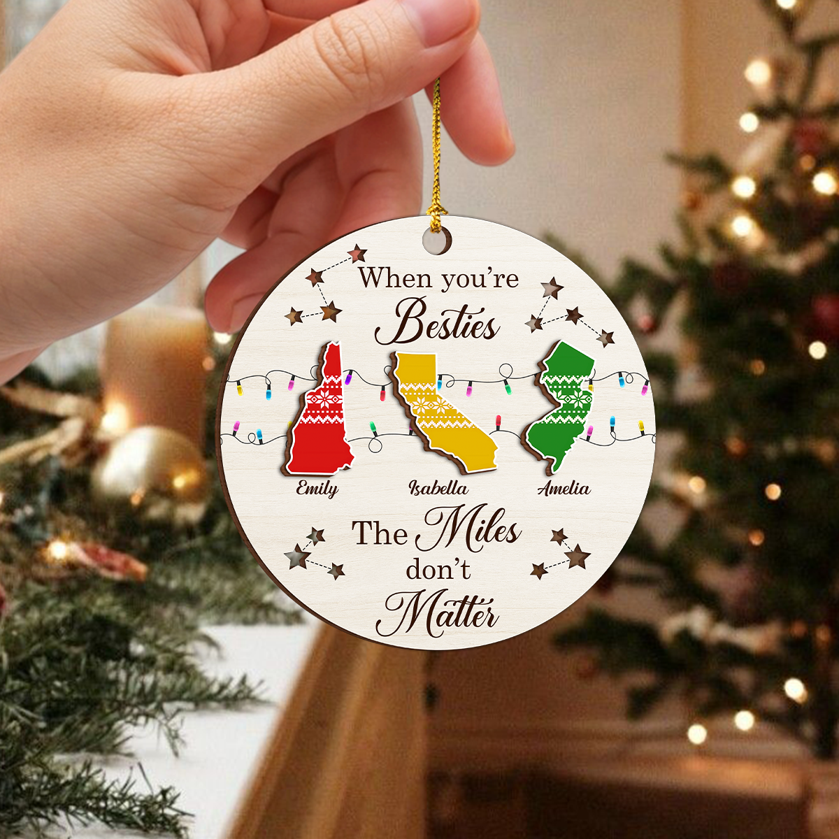 The Miles Don't Matter custom shaped wood Christmas ornament.