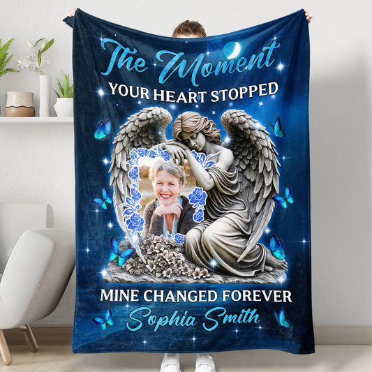 Personalized memorial blanket with custom photo and text, "The Moment Your Heart Stopped". A thoughtful sympathy gift.