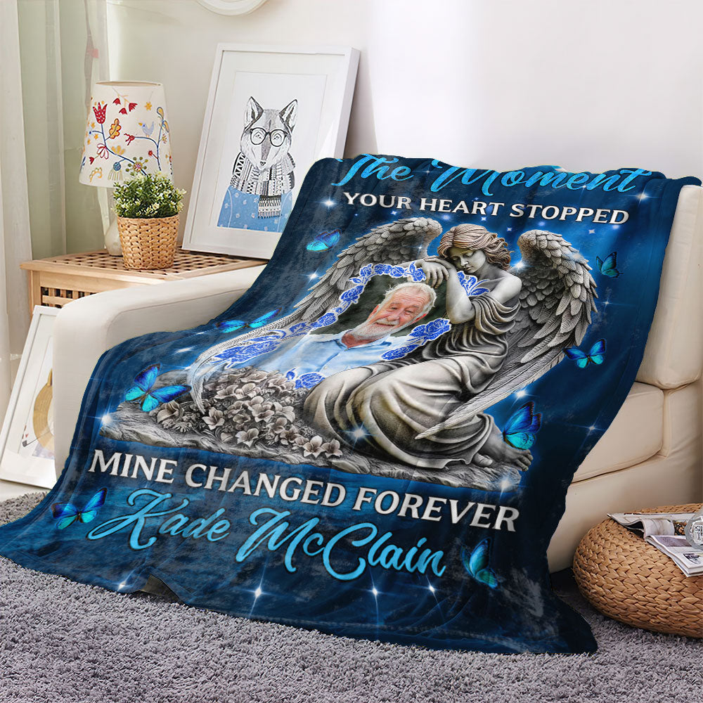 Personalized memorial blanket with custom photo and text, "The Moment Your Heart Stopped". A thoughtful sympathy gift.