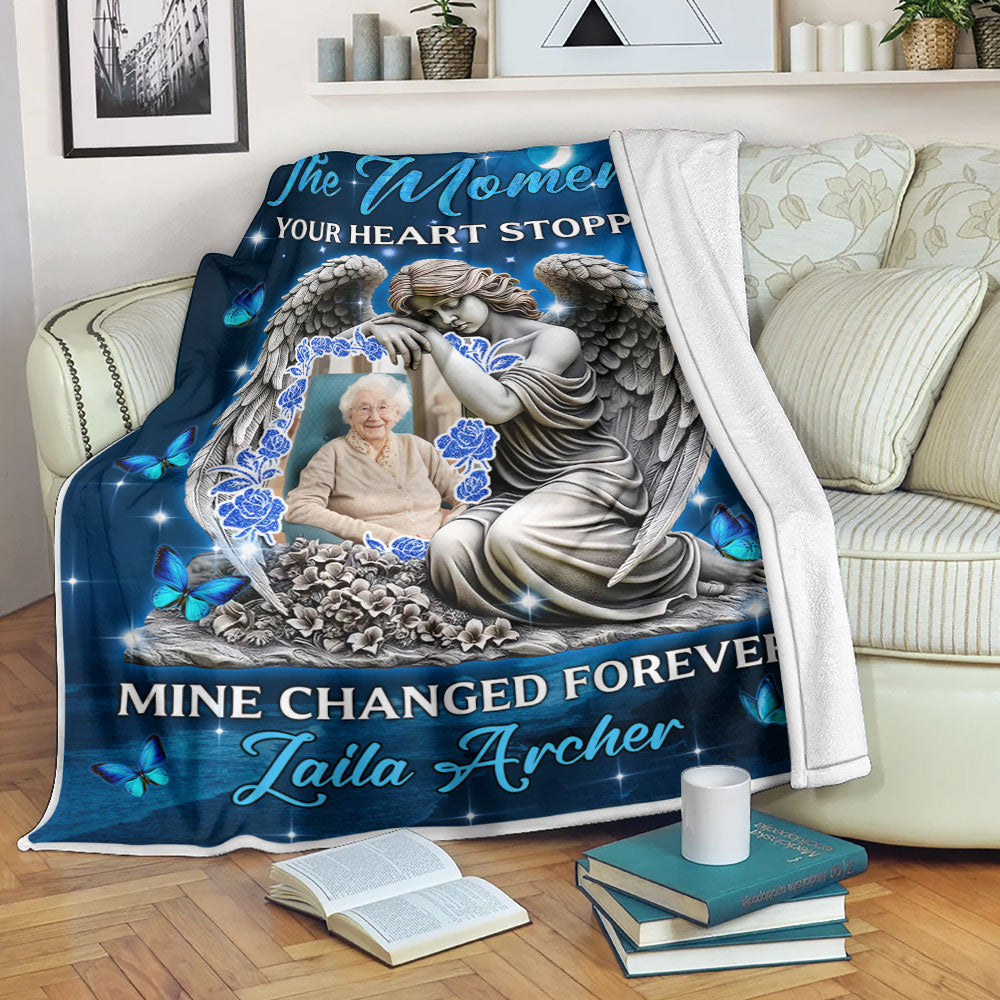 Personalized memorial blanket with custom photo and text, "The Moment Your Heart Stopped". A thoughtful sympathy gift.