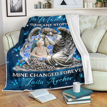 Personalized memorial blanket with custom photo and text, "The Moment Your Heart Stopped". A thoughtful sympathy gift.