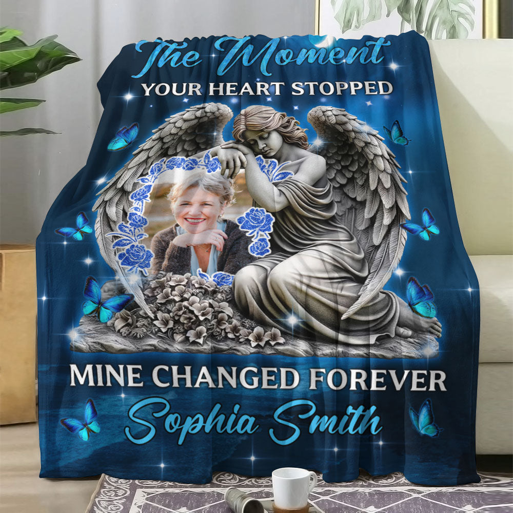 Personalized memorial blanket with custom photo and text, "The Moment Your Heart Stopped". A thoughtful sympathy gift.