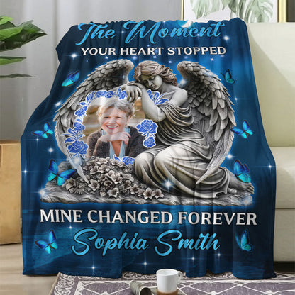 Personalized memorial blanket with custom photo and text, "The Moment Your Heart Stopped". A thoughtful sympathy gift.