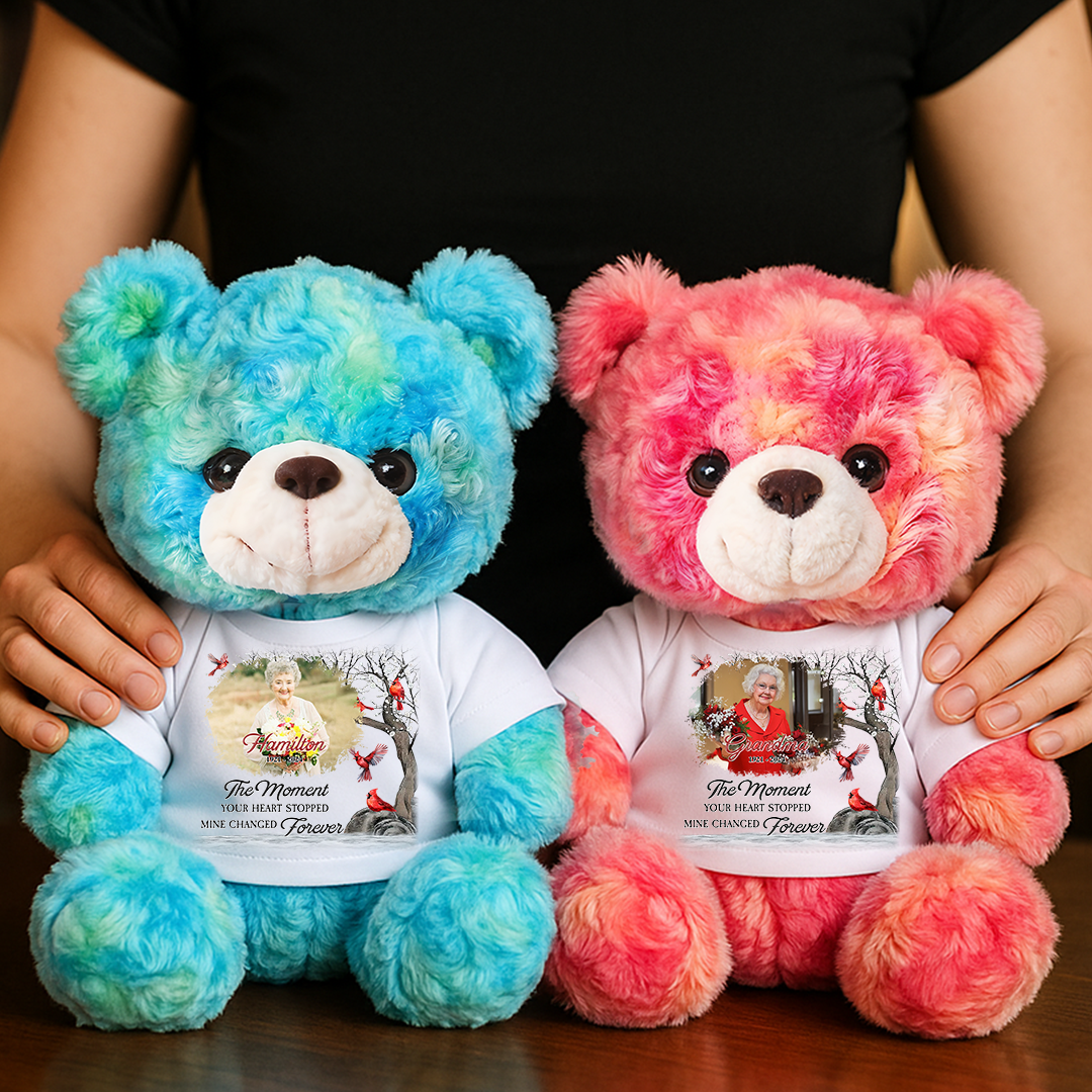 Personalized memorial teddy bear with custom text, "The Moment Your Heart Stopped."