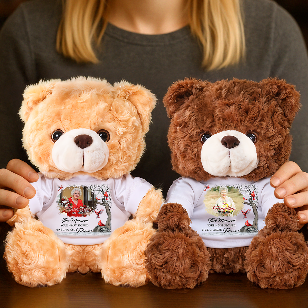 Personalized memorial teddy bear with custom text, "The Moment Your Heart Stopped."