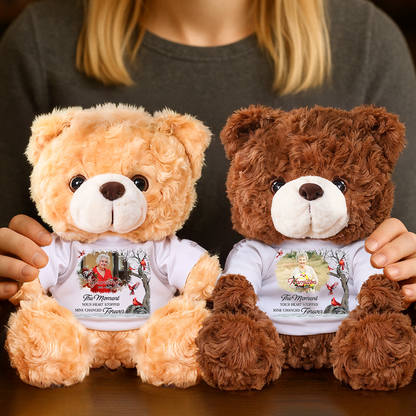 Personalized memorial teddy bear with custom text, "The Moment Your Heart Stopped."