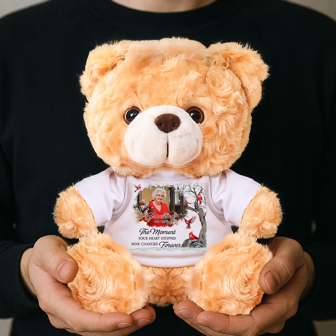Personalized memorial teddy bear with custom text, "The Moment Your Heart Stopped."