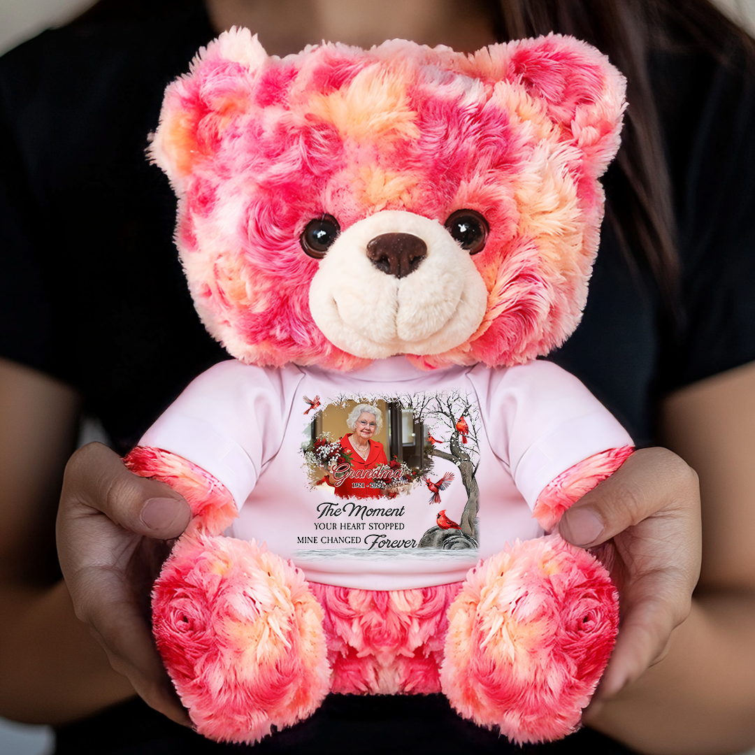 Personalized memorial teddy bear with custom text, "The Moment Your Heart Stopped."