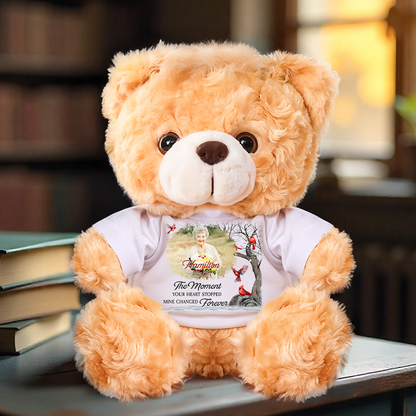 Personalized memorial teddy bear with custom text, "The Moment Your Heart Stopped."