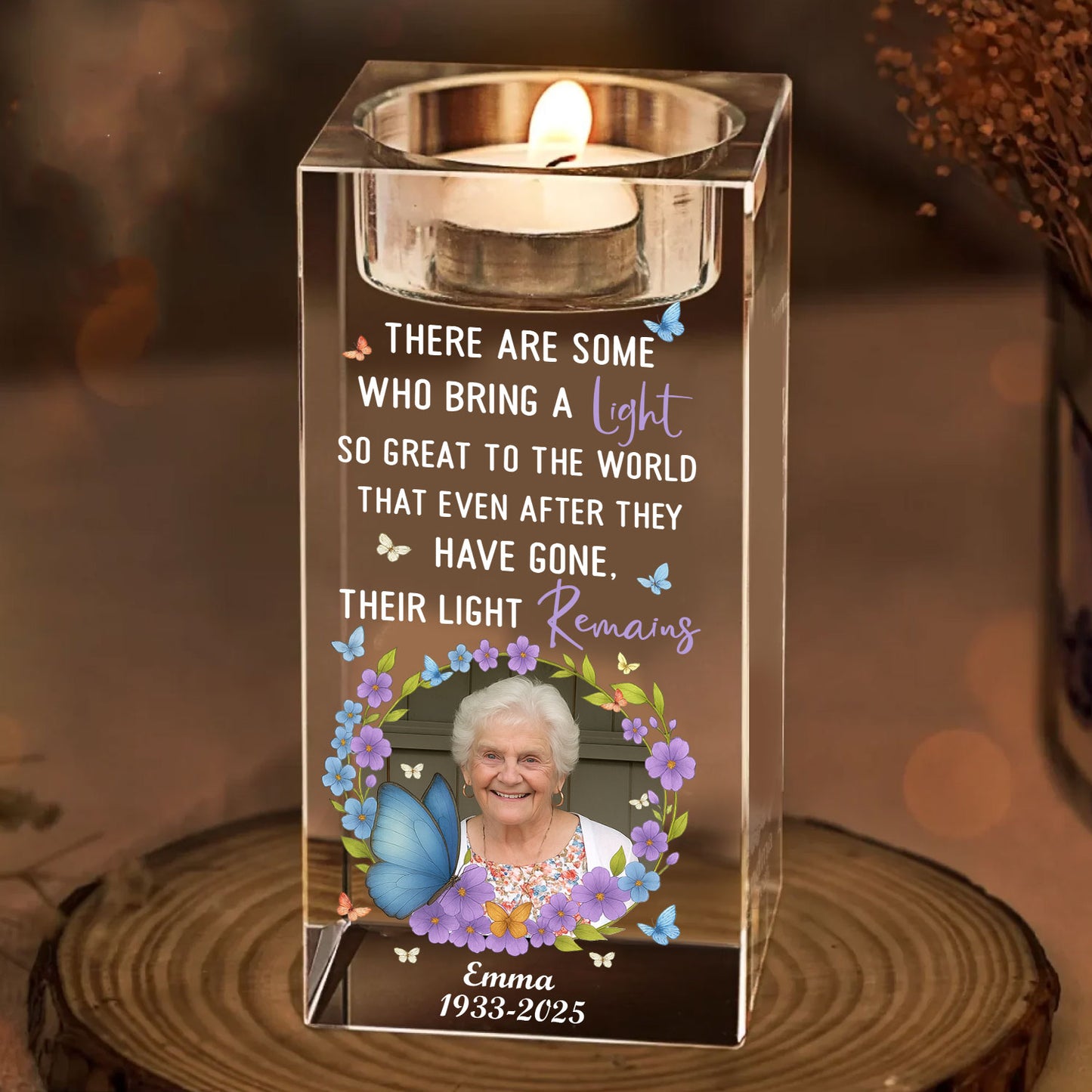 Personalized crystal candle holder with etched message, "There are some who bring a light."
