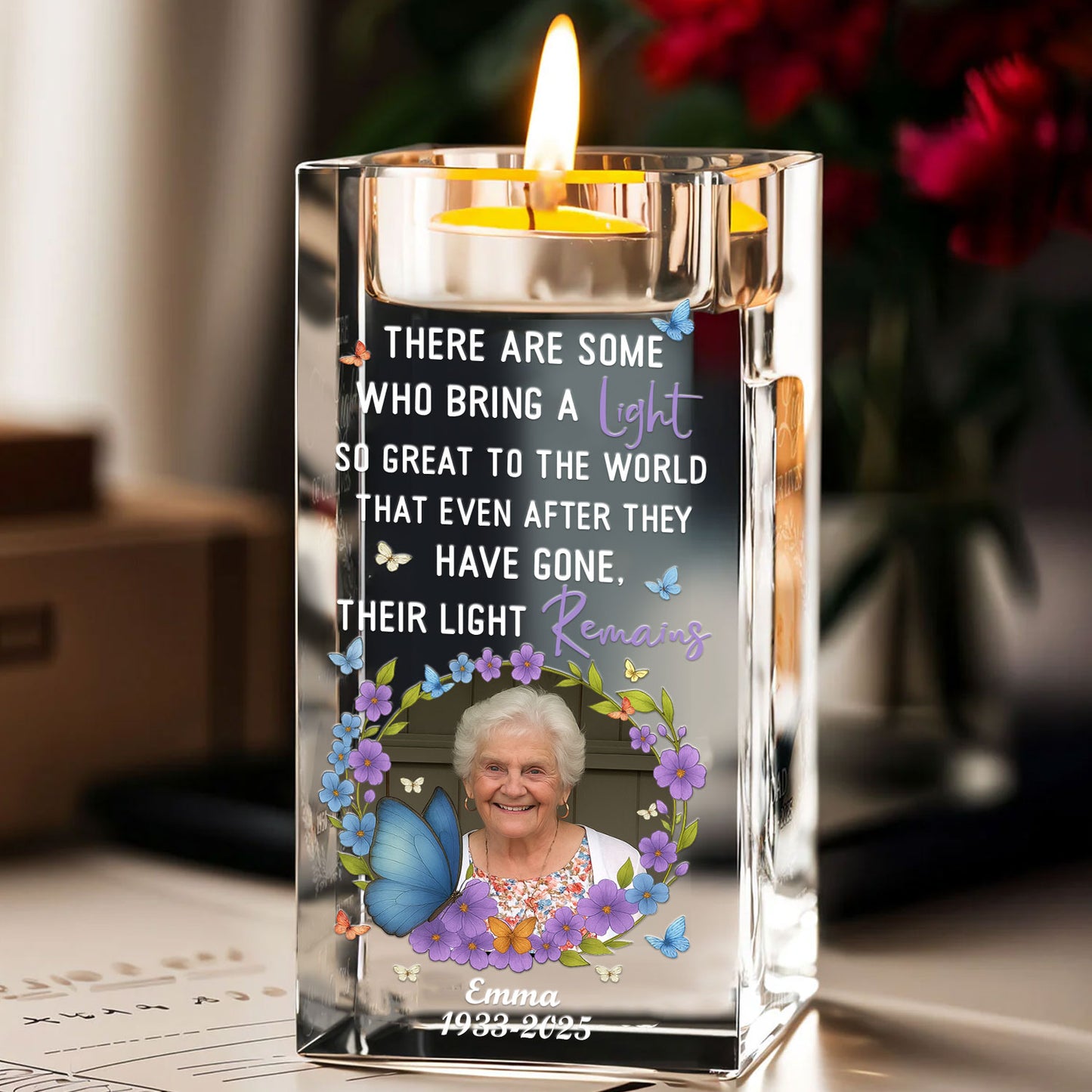 Personalized crystal candle holder with etched message, "There are some who bring a light."
