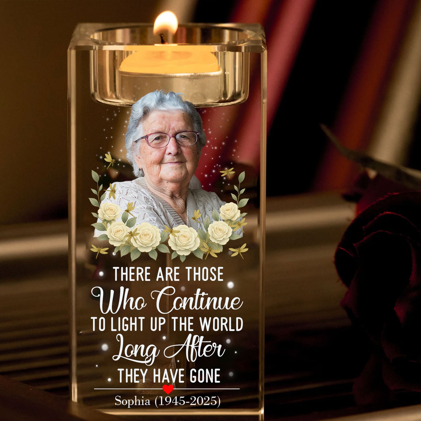 Personalized crystal candle holder with engraved message, "Those who continue to light up the world."