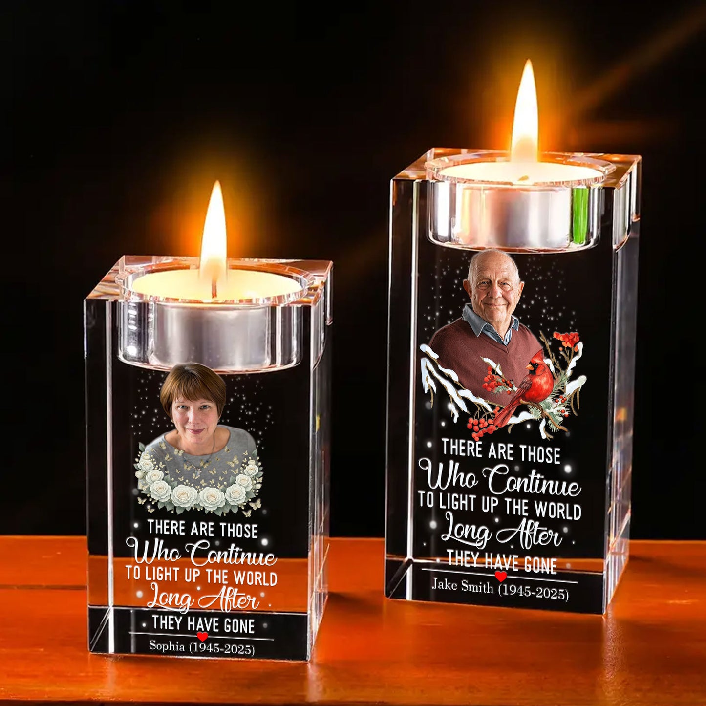 Personalized crystal candle holder with engraved message, "Those who continue to light up the world."