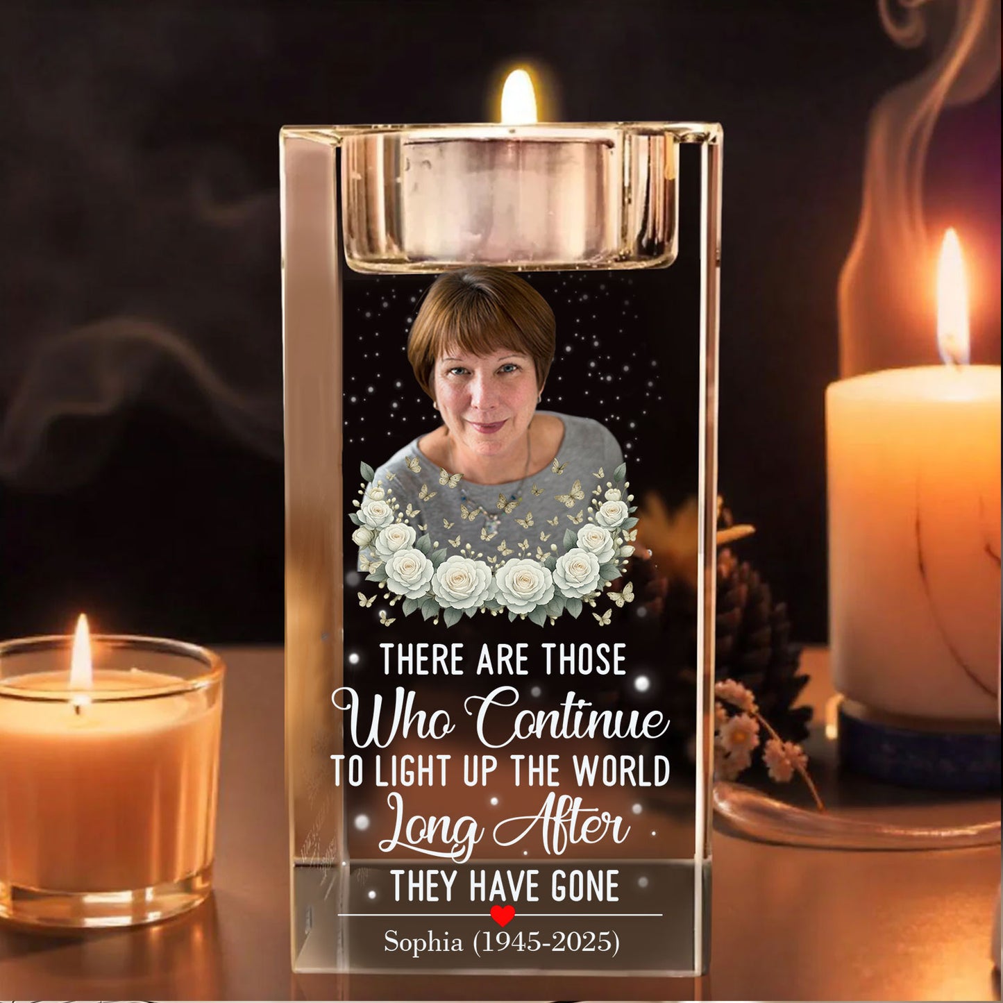 Personalized crystal candle holder with engraved message, "Those who continue to light up the world."