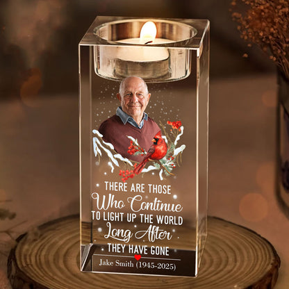 Personalized crystal candle holder with engraved message, "Those who continue to light up the world."