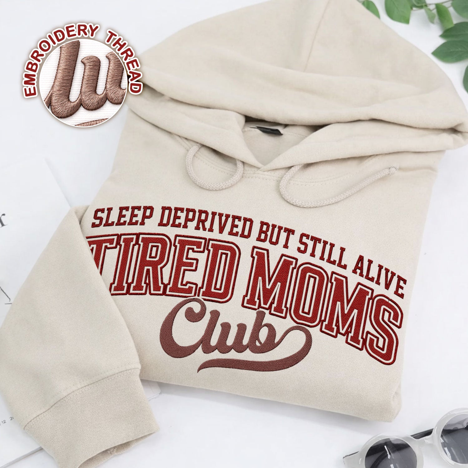 Tired Moms Club embroidered pet crewneck sweatshirt.