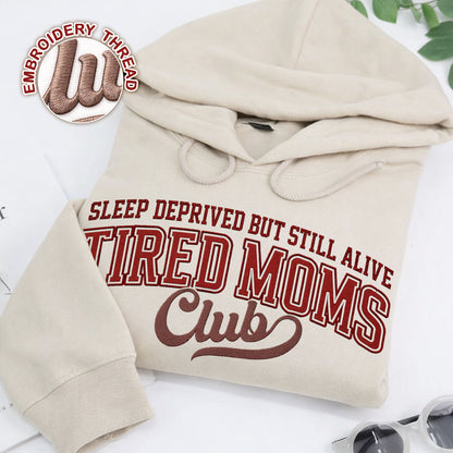Tired Moms Club embroidered pet crewneck sweatshirt.
