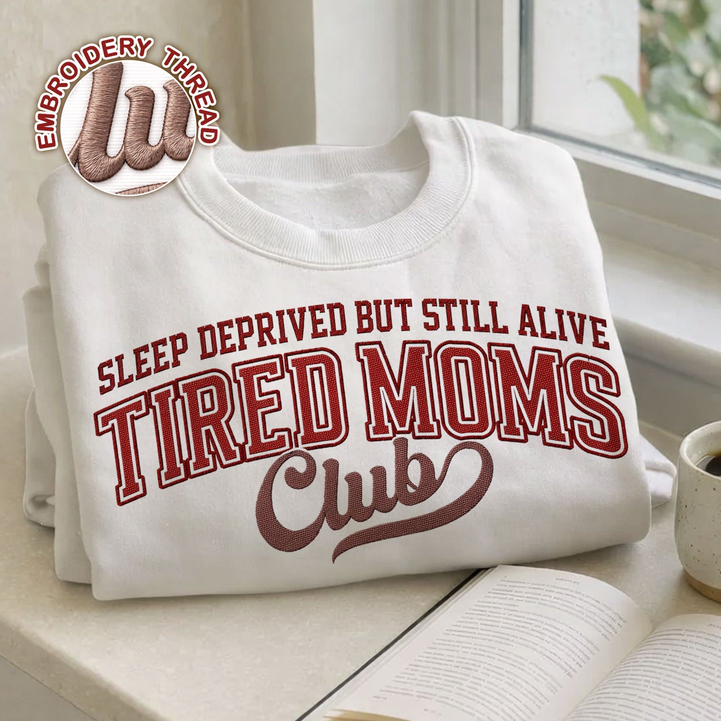 Tired Moms Club embroidered pet crewneck sweatshirt.