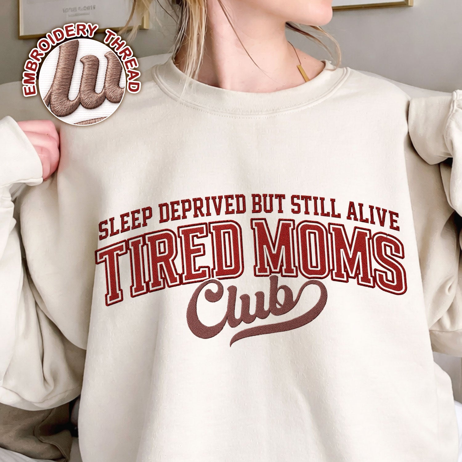 Tired Moms Club embroidered pet crewneck sweatshirt.