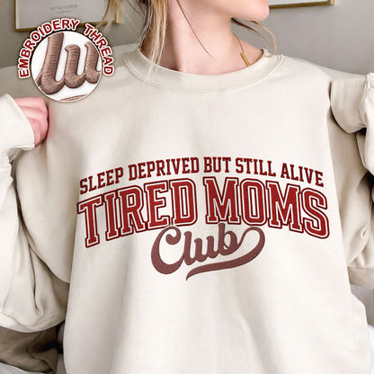 Tired Moms Club embroidered pet crewneck sweatshirt.