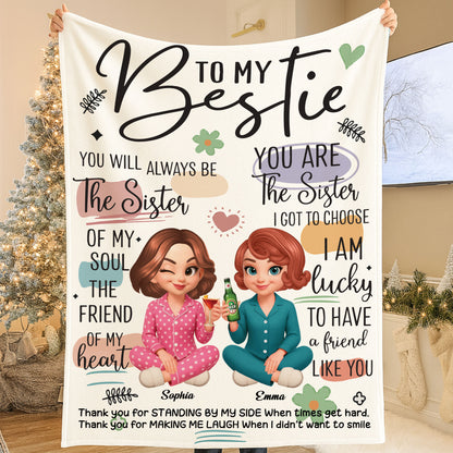 Personalized "To My Bestie" custom blanket with names and a heartwarming message, perfect gift for your best friend.