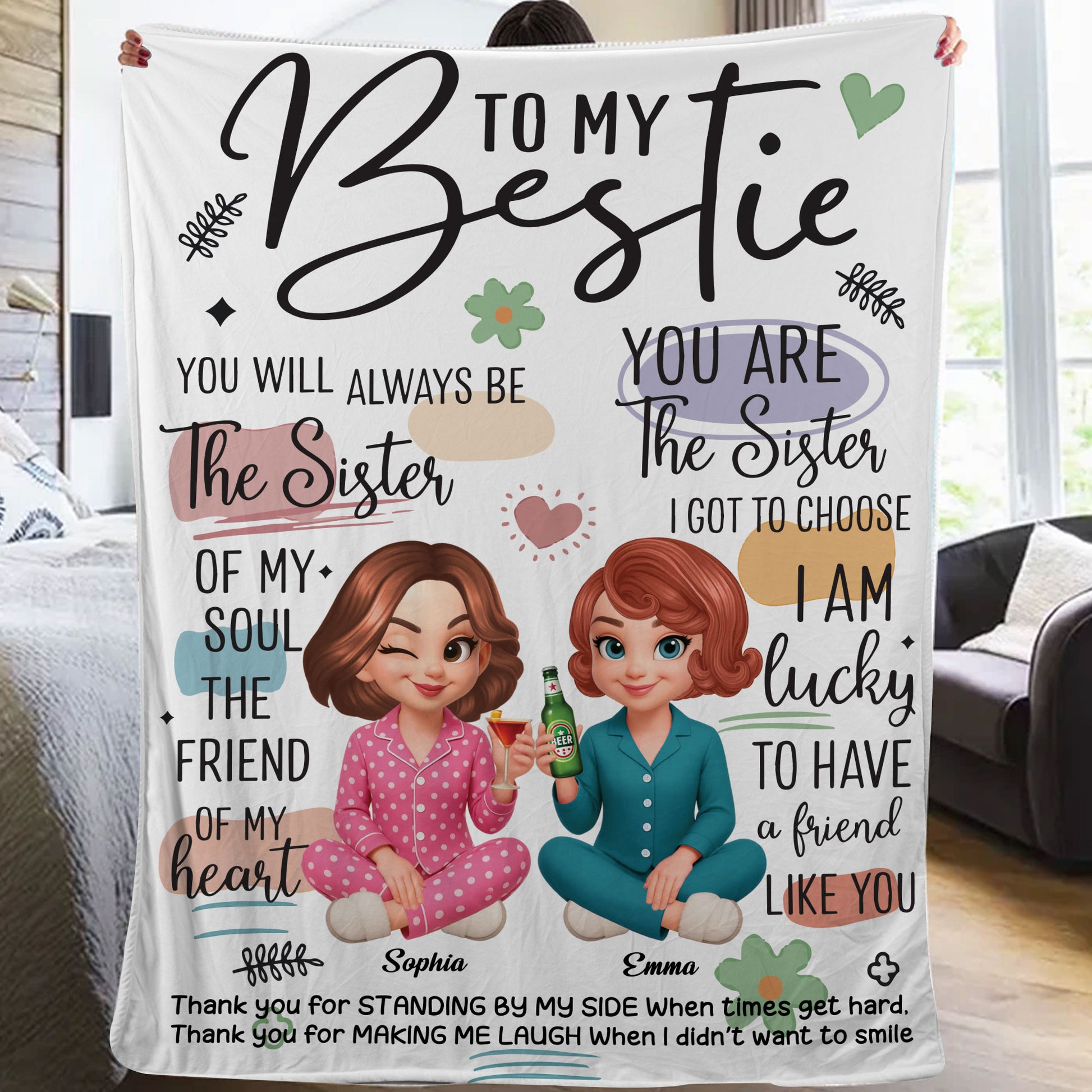 Personalized "To My Bestie" custom blanket with names and a heartwarming message, perfect gift for your best friend.