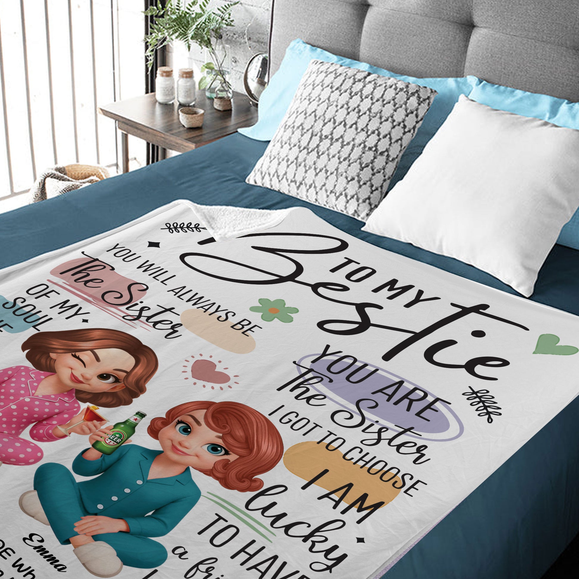 Personalized "To My Bestie" custom blanket with names and a heartwarming message, perfect gift for your best friend.