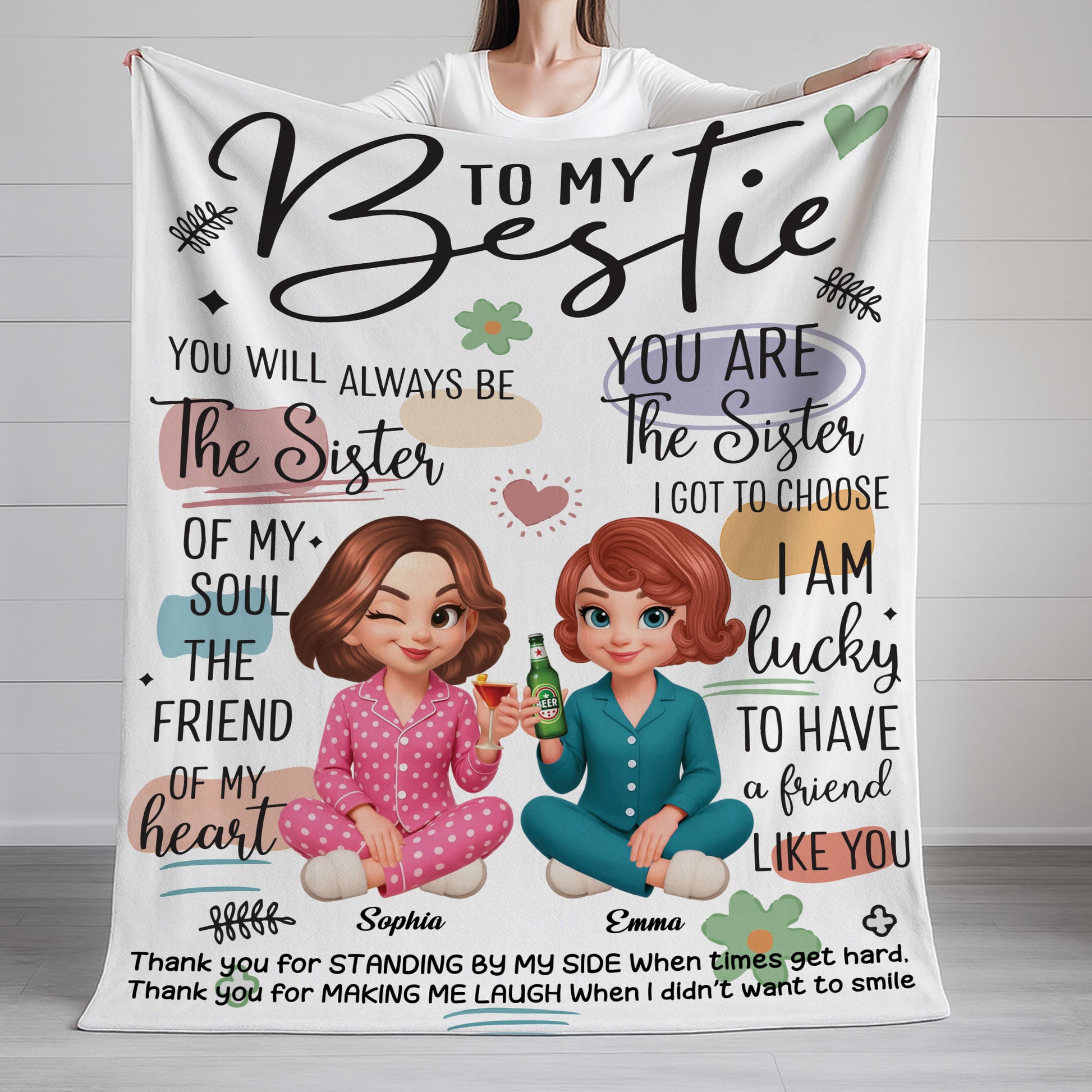 Personalized "To My Bestie" custom blanket with names and a heartwarming message, perfect gift for your best friend.