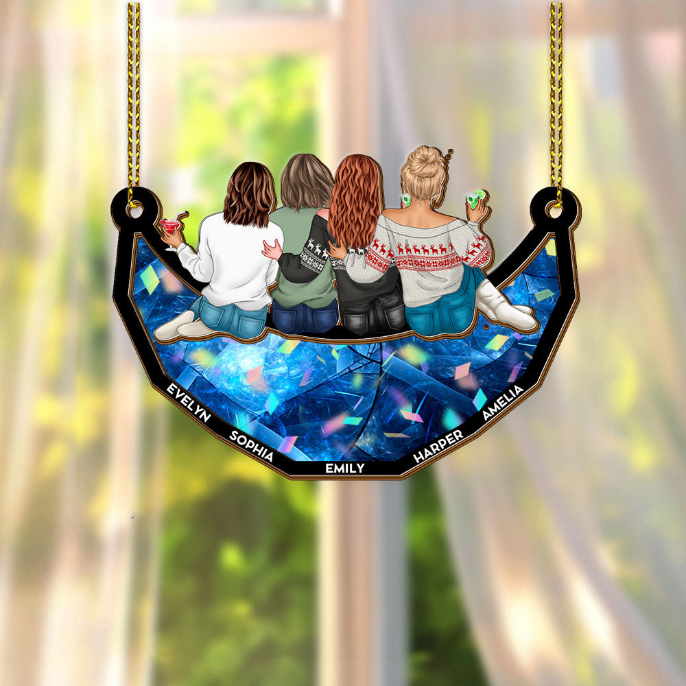 Together Team Sitting on the Moon Custom Hologram Ornament. A Personalized moon ornament showcasing togetherness.