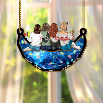 Together Team Sitting on the Moon Custom Hologram Ornament. A Personalized moon ornament showcasing togetherness.