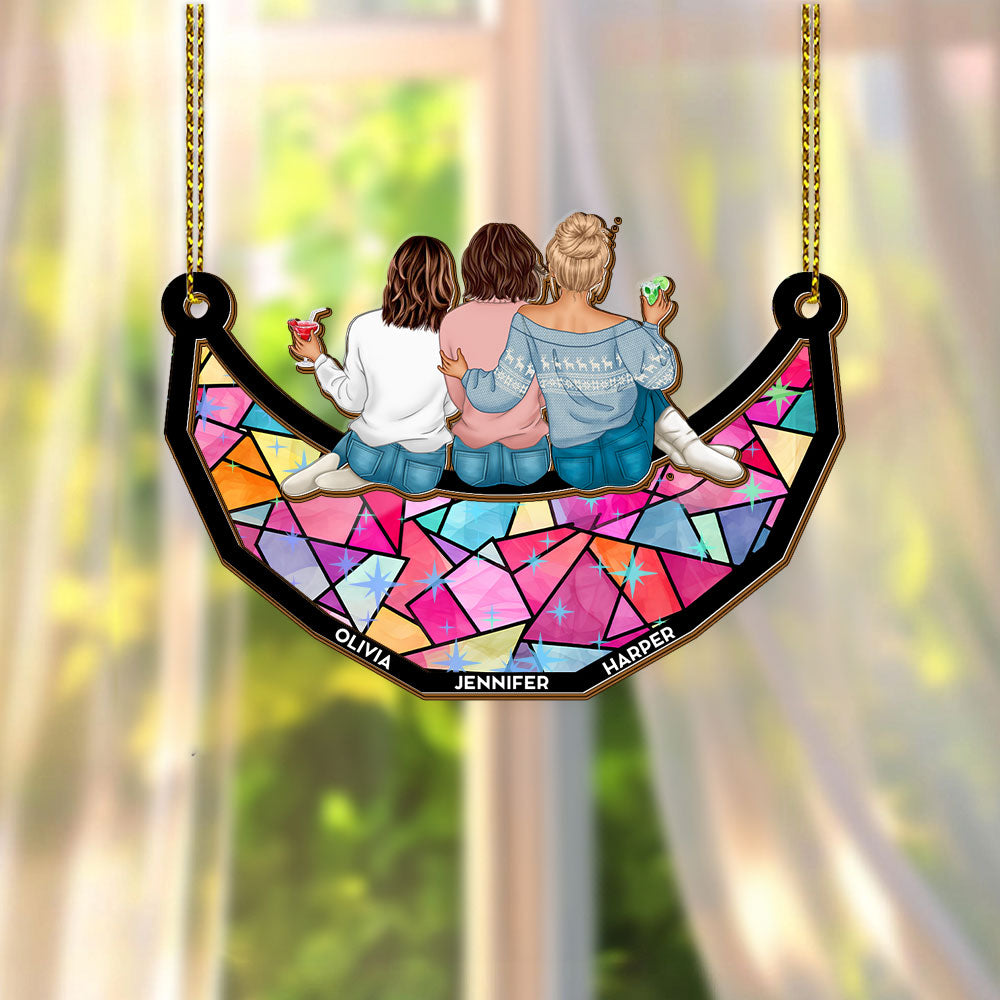 Together Team Sitting on the Moon Custom Hologram Ornament. A Personalized moon ornament showcasing togetherness.