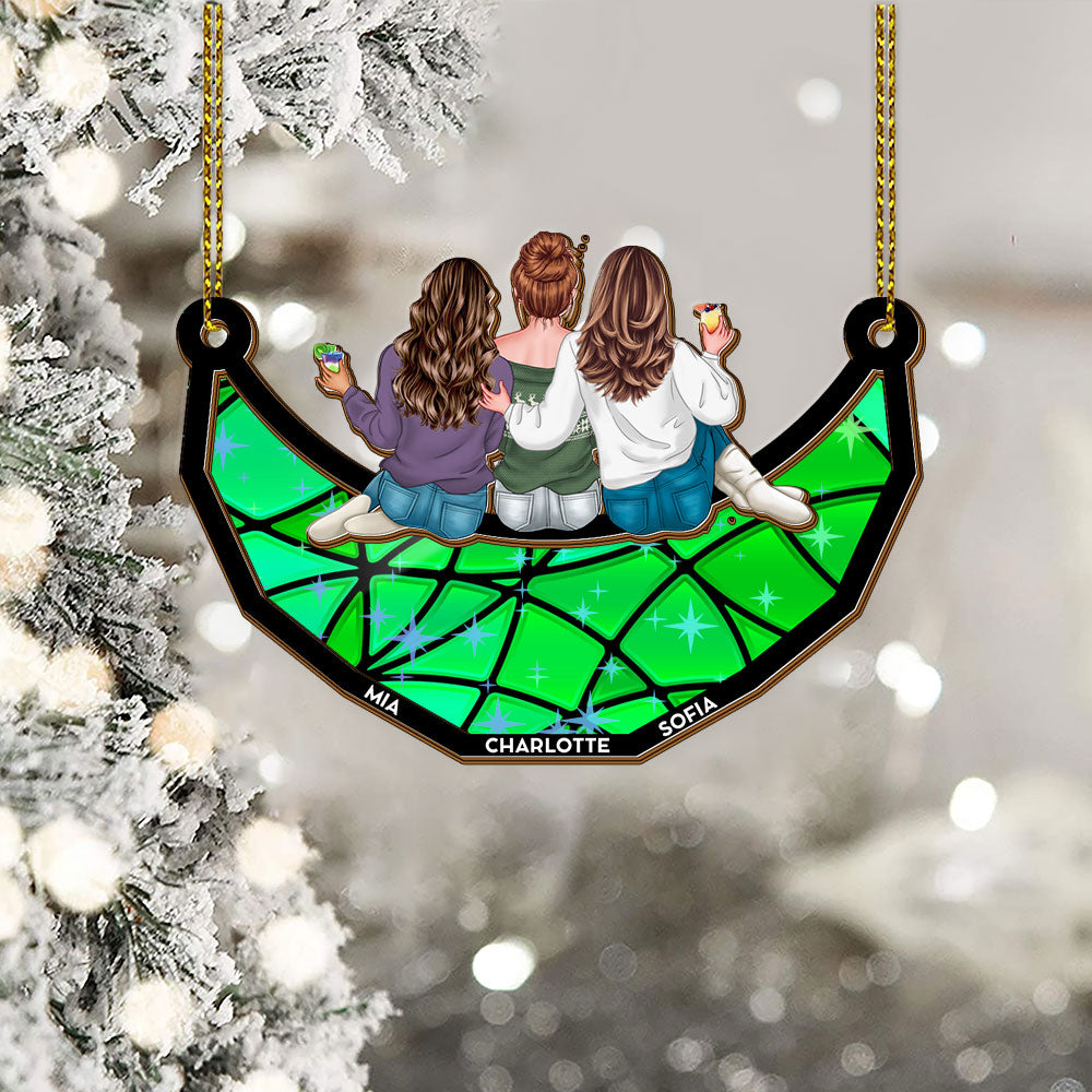 Together Team Sitting on the Moon Custom Hologram Ornament. A Personalized moon ornament showcasing togetherness.