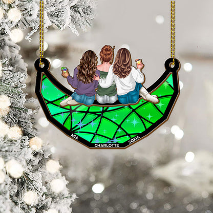 Together Team Sitting on the Moon Custom Hologram Ornament. A Personalized moon ornament showcasing togetherness.