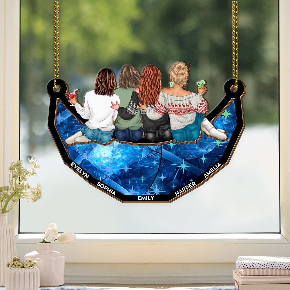 Together Team Sitting on the Moon Custom Hologram Ornament. A Personalized moon ornament showcasing togetherness.